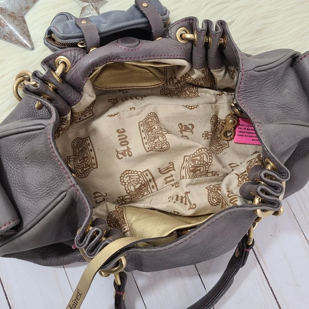 Vintage Y2K Juicy Couture slouchy leather hobo bag gray taupe pink gold